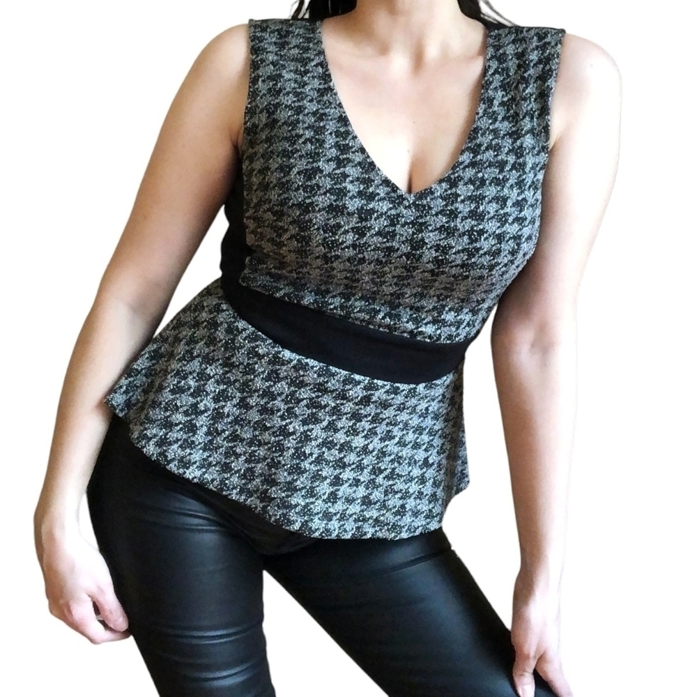 New York & Company Womens Top XS Gray Houndstooth Fitted Sleeveless Office